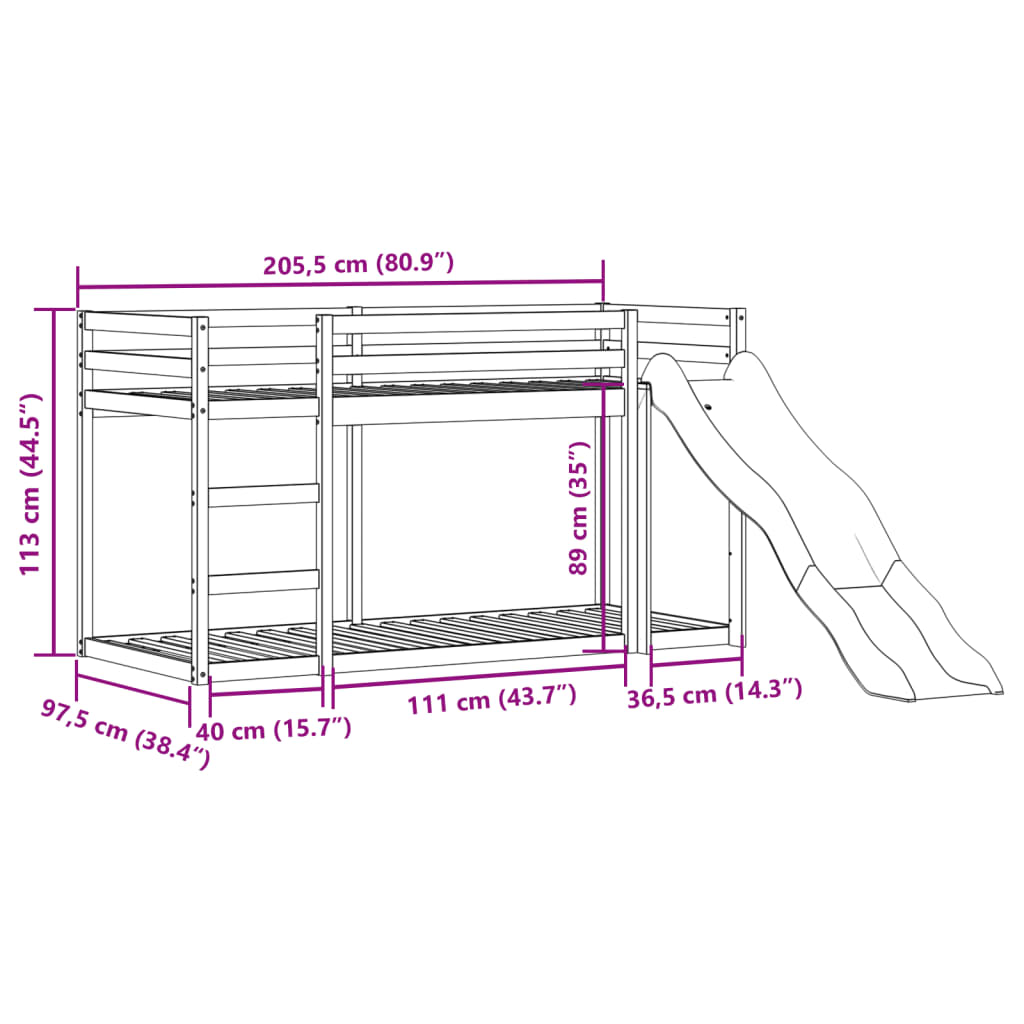 tömör fenyőfa emeletes ágy csúszdával és létrával 90 x 200 cm