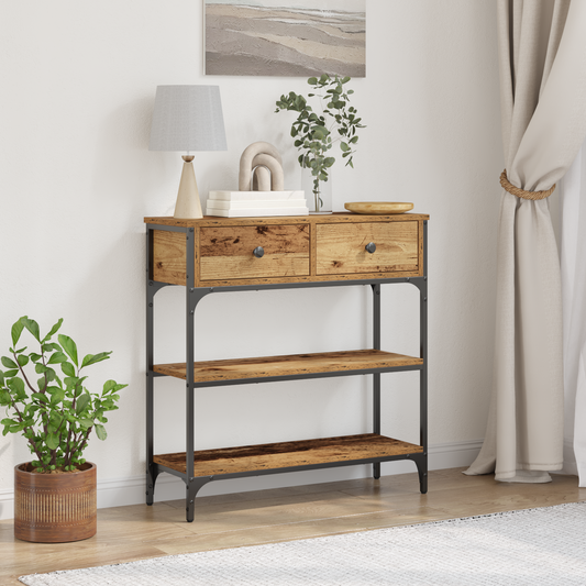Konzol Asztal Régi Fa 72,5x25x75 cm Műanyag Fa és Acél