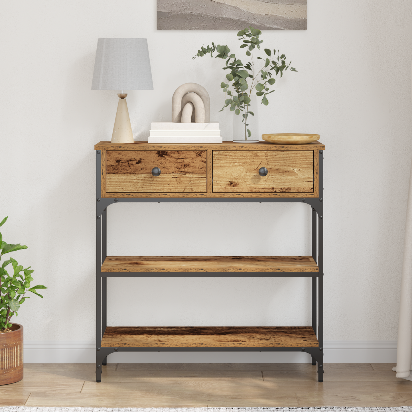 Konzol Asztal Régi Fa 72,5x25x75 cm Műanyag Fa és Acél