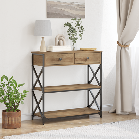 Konsole Asztal Kézműves Tölgy 75x28x75 cm Mérnöki Fa és Acél